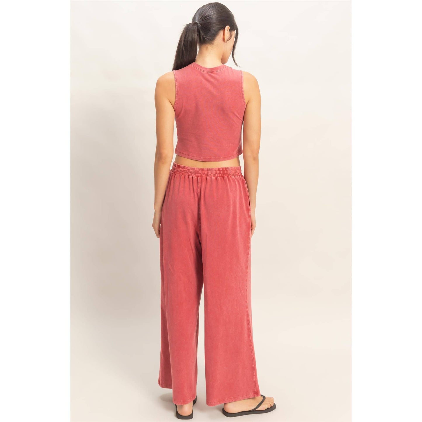 Mineral Washed Sleeveless Top & Wide Leg Pants Set: BLACK / S-M-L(2-2-2)