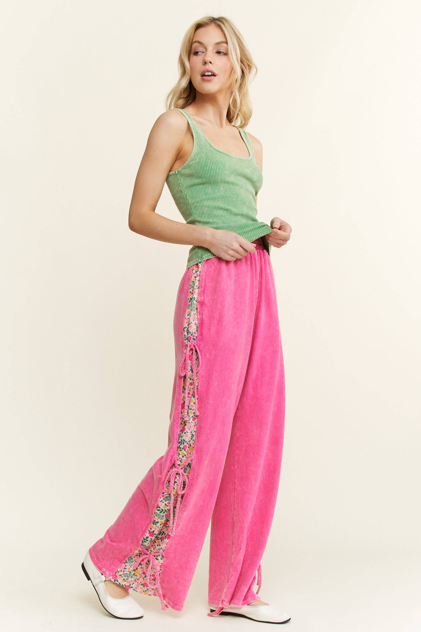 MineralWashed Bow Ribbon tie on the side Pants HP6418: DenimBlue / S-M-L / 2-2-2