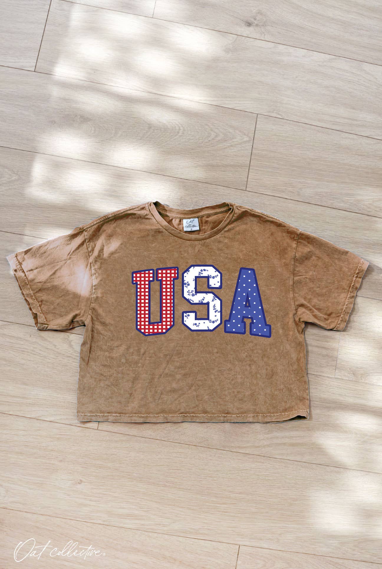 USA WITH PATTERN Cropped Mineral Graphic Top : CREAM / XL