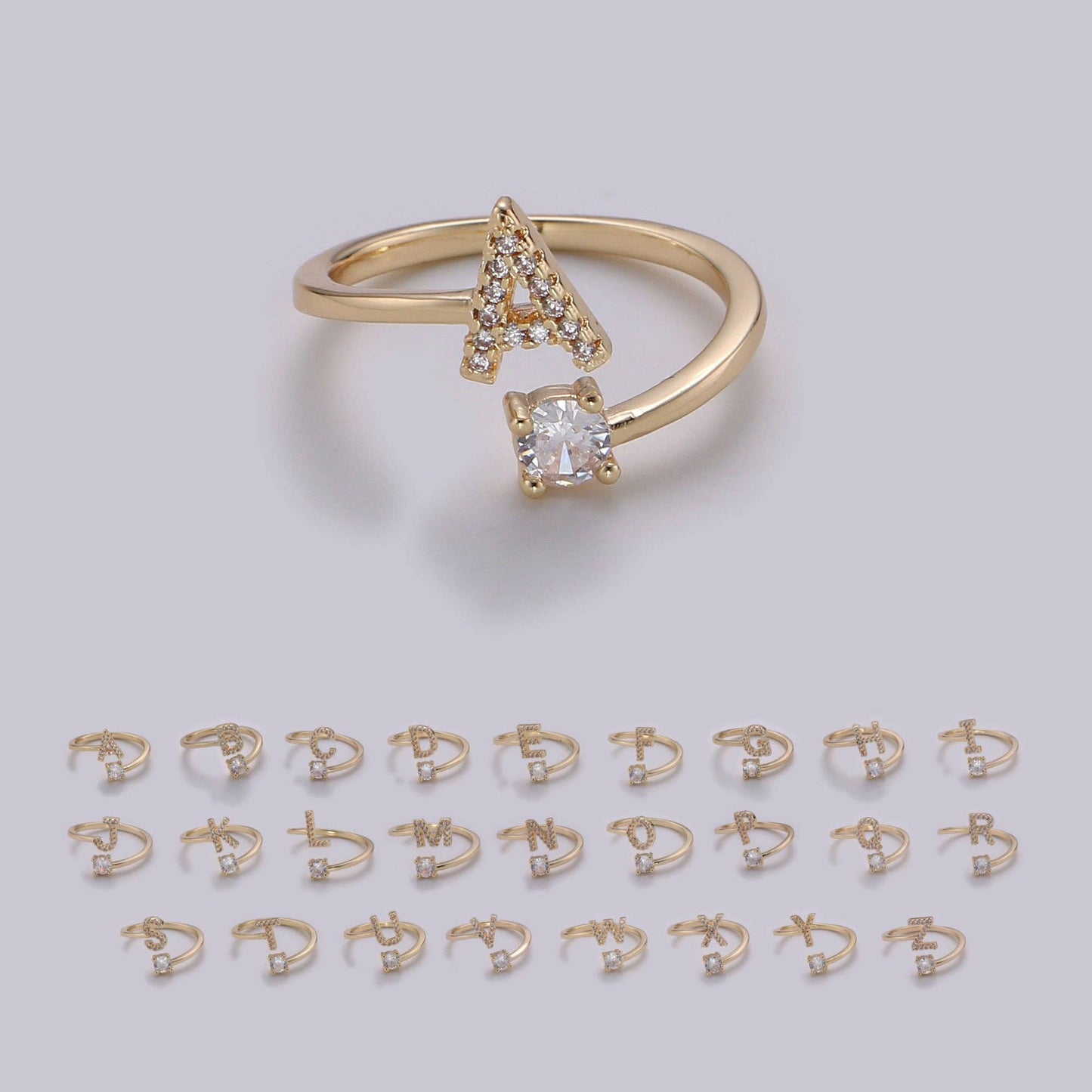 Adjustable Gold Initial Ring With CZ R370~R395: E