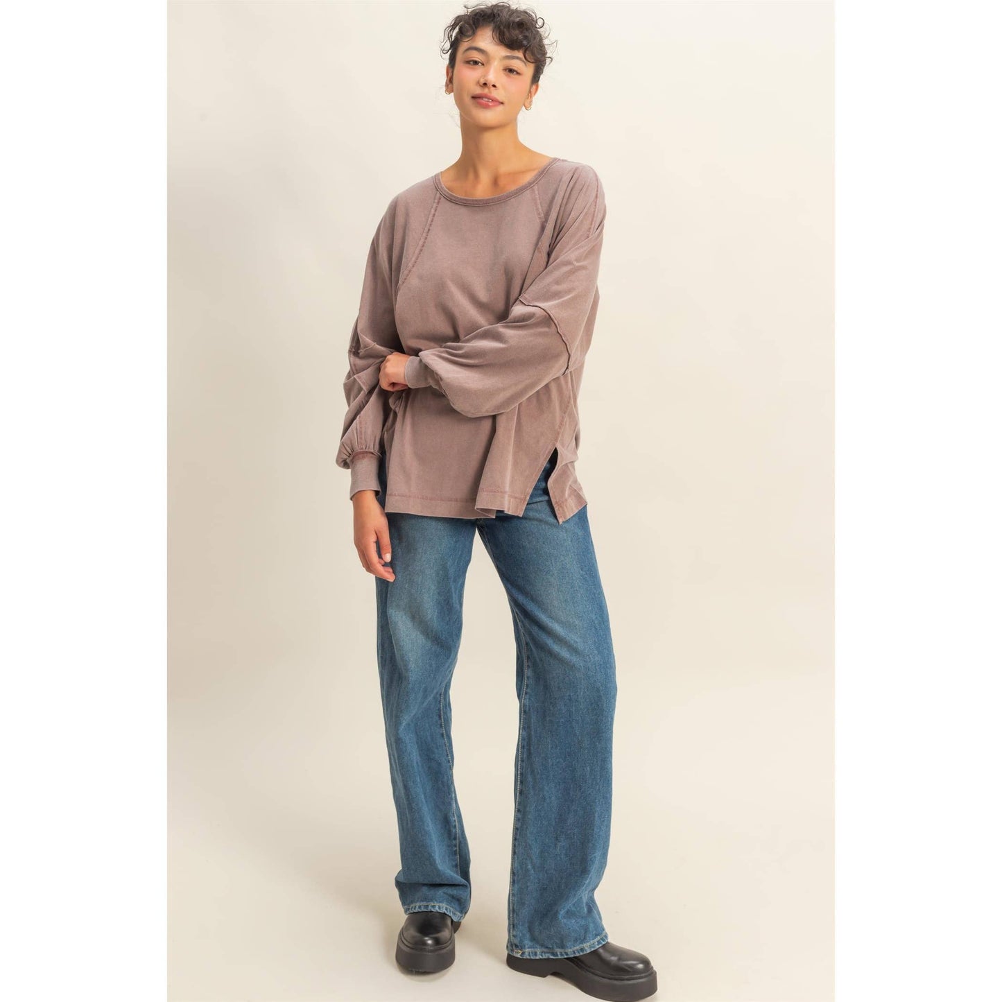 Washed Oversized Long Sleeve Top With Slit: BLACK / S-M-L(2-2-2)