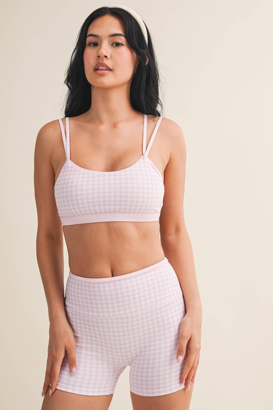 Gingham Print Double Layered Sports Bra: Red Gingham / M