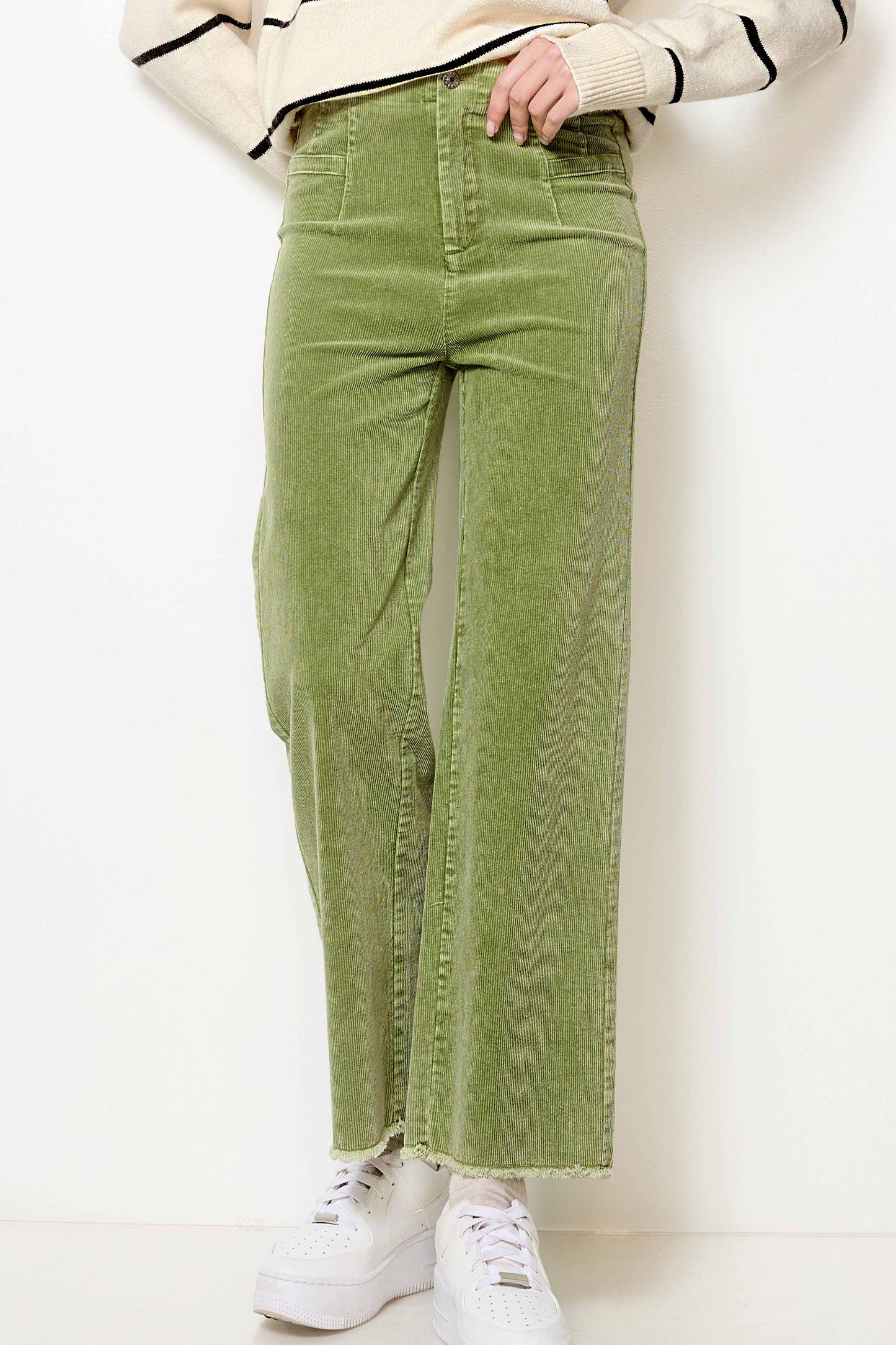 MCP4220-Mineral Washed High Waisted Wide Leg Corduroy Pants: Brown / M