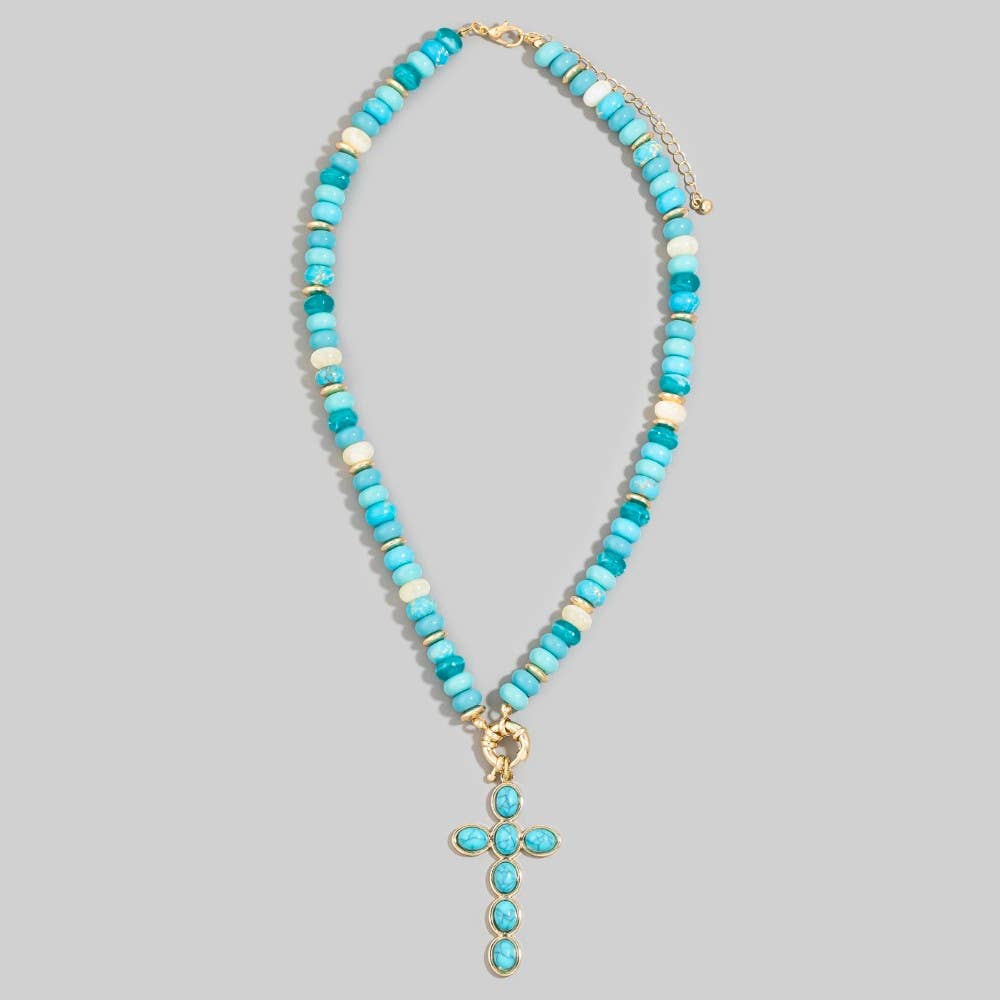 Semi Precious Stone Cross Pendant Necklace: NAT