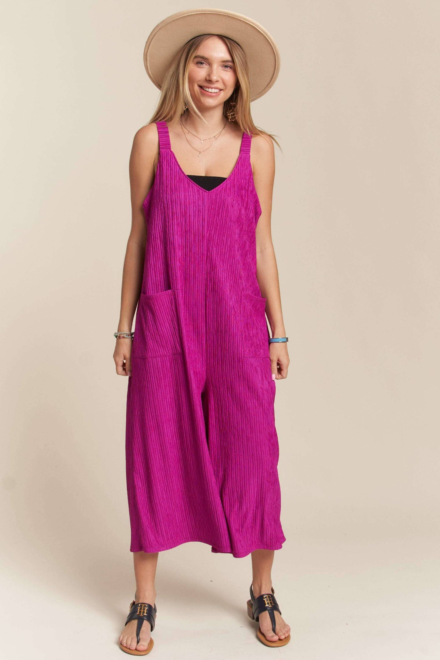 RP4087PL - WIDE LEG CRINKLE JUMPSUIT: TEAL BLUE / S