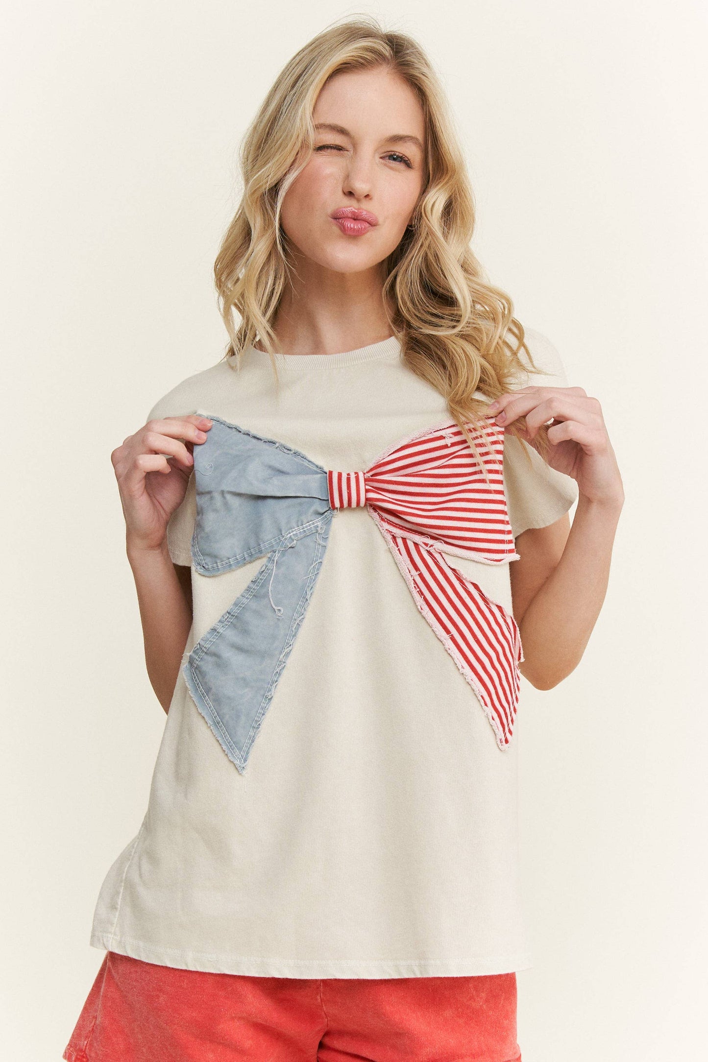 MineralWashed Americana Bow Sleeveless Blouse top HT5647P2.: Cyan