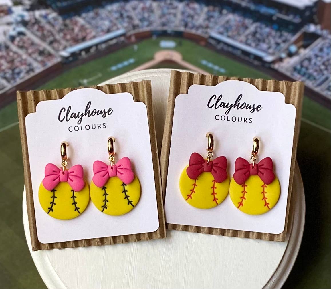 Softball with Bow Earrings : Pink Bow