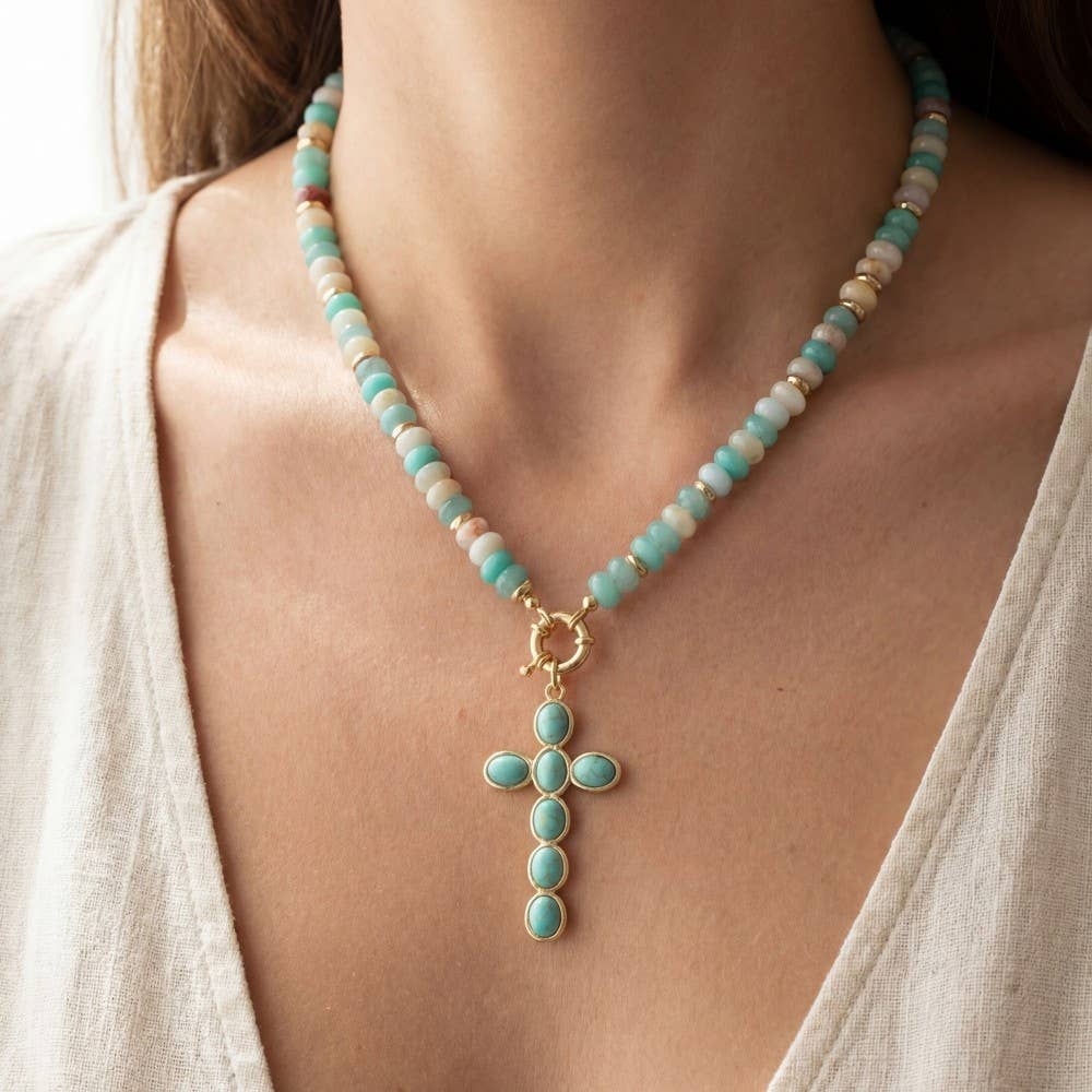 Semi Precious Stone Cross Pendant Necklace: NAT