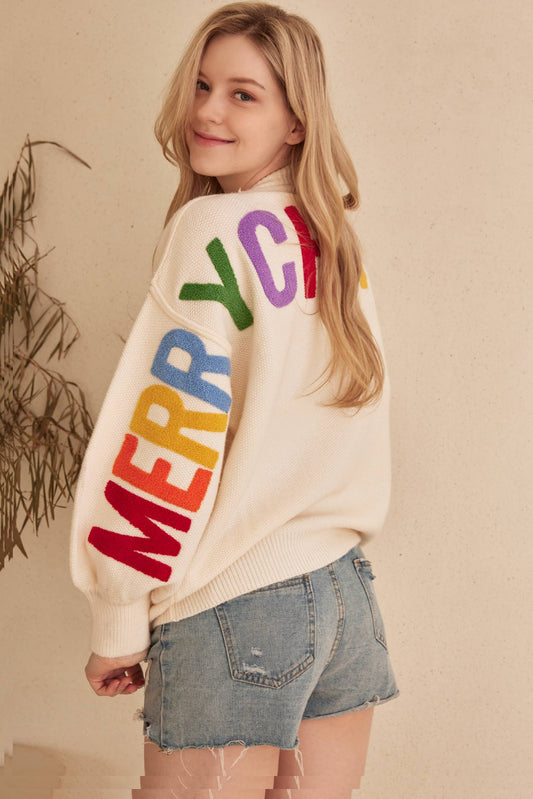 OVERSIZE Christmas Sweater with Lettering: Ivory-Multi / M