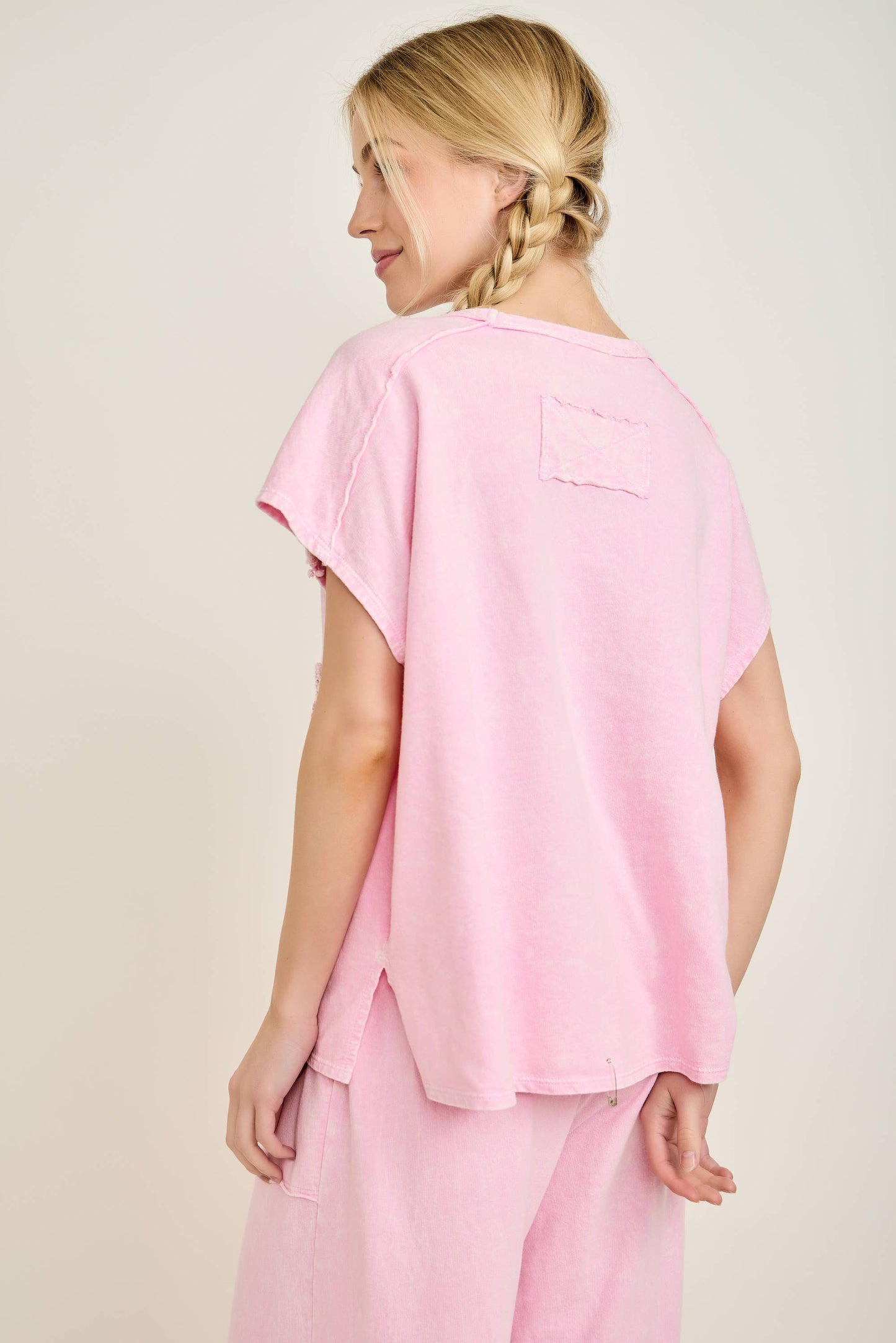 Mineral Washed Flower Garden Sleeveless blouse top HT7012: Papaya / S-M-L / 2-2-2