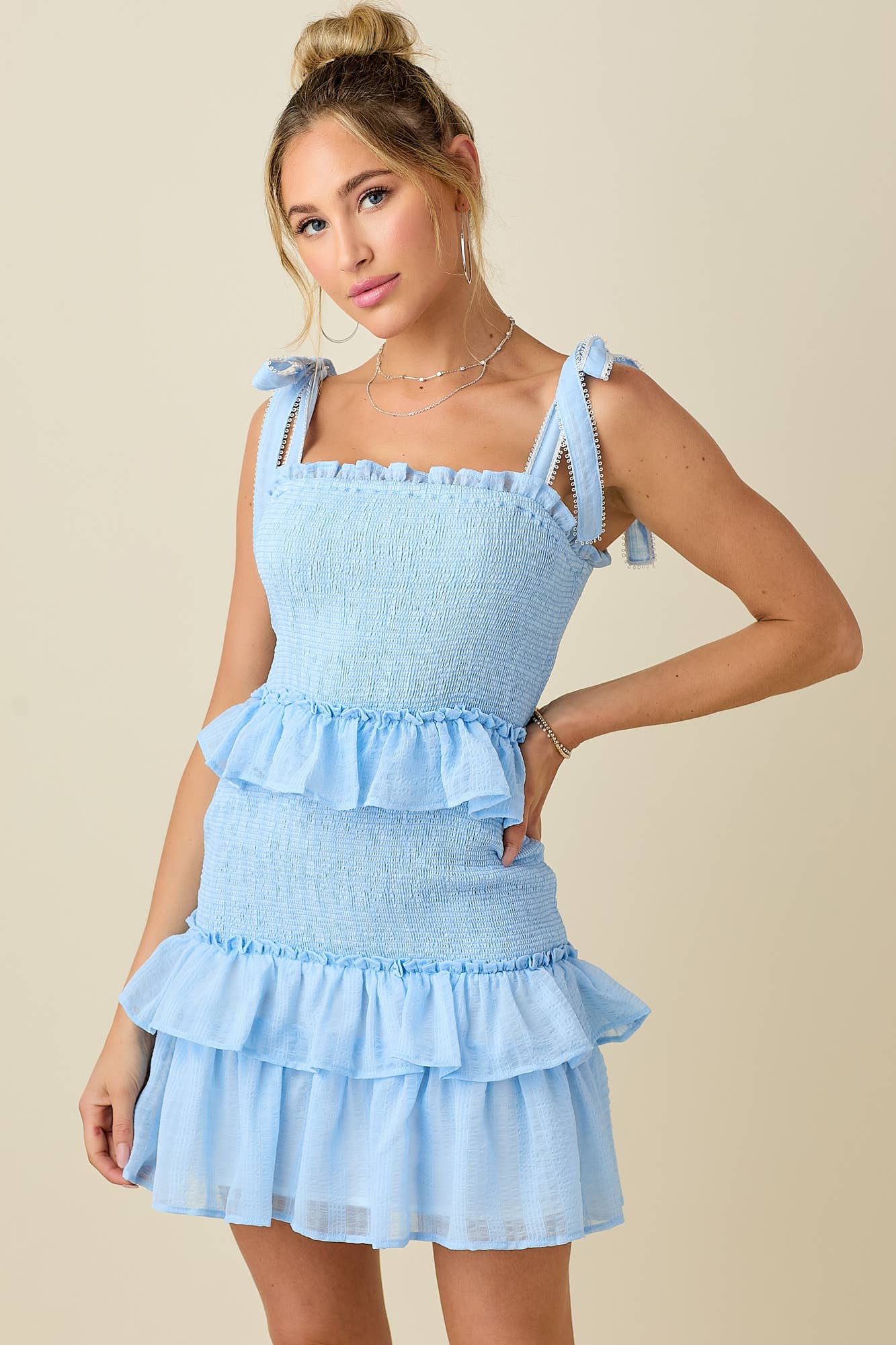 Jacquard smocked ruffled lace shoulder straps mini dress: BLUE / M