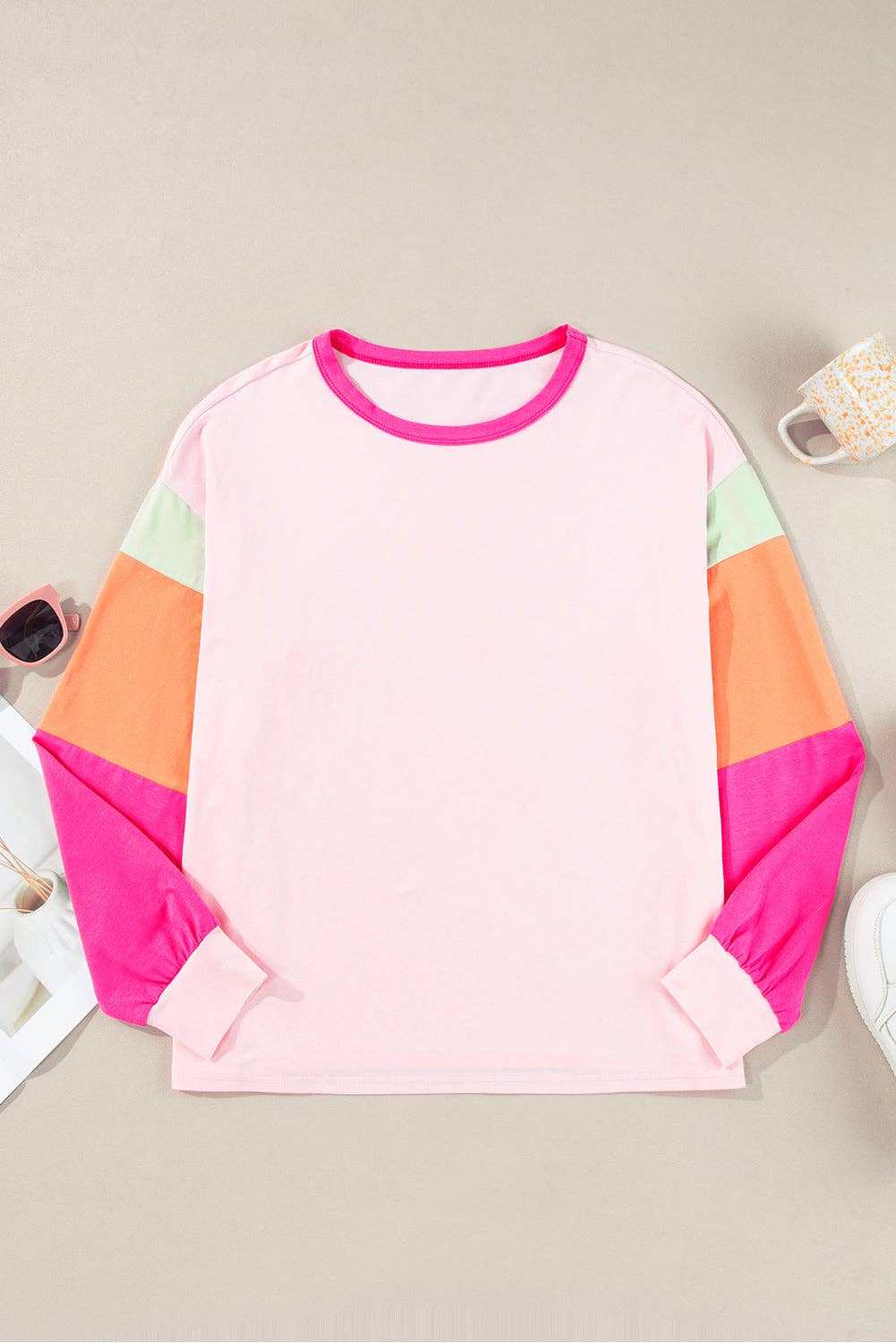 Dark Blue Colorblock Patchwork Long Sleeve Loose Top: Green / 95%Cotton+5%Elastane / L