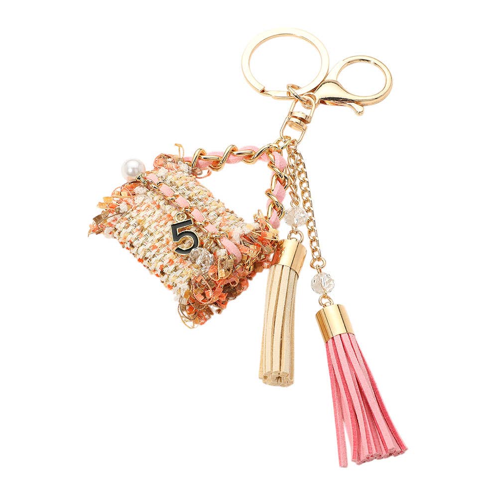 Pearl Number Five Stone Charm Accent Tweed Handbag Tassel Keychain / Bag Charm: Pink