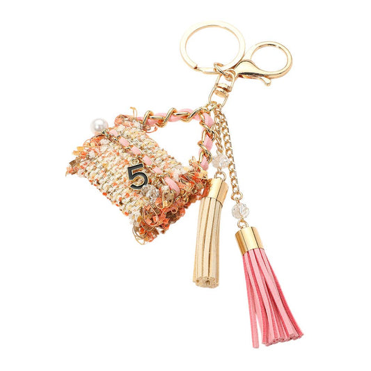 Pearl Number Five Stone Charm Accent Tweed Handbag Tassel Keychain / Bag Charm: Pink