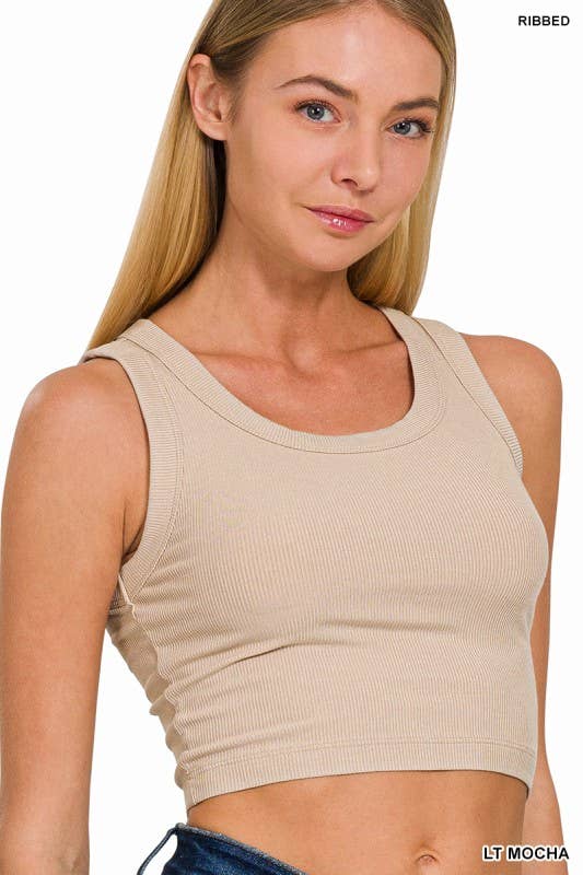 Ribbed Scoop Neck Cropped Tank Top: BLACK / 2-2-1 (S-M-L)