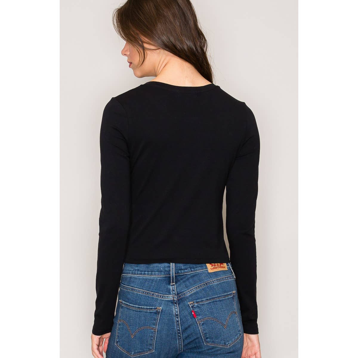 Crew Neck Long Sleeve Crop Top: Black / S-M-L(2-2-2)