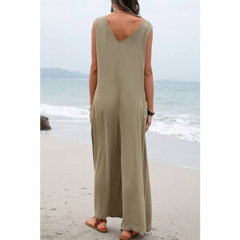 New Solid Color Pocket Fashion Jumpsuit : OLIVE GREEN / M