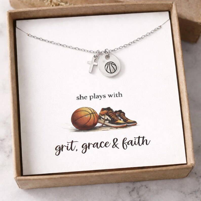 Basketball Cross Mustard Seed Necklace for Girl – Faith Based Basketball Player Gift, Christian Athlete Jewelry, Senior Night Gift: Gold No Gift Box ($10.49 - $12.99) / Without Mustard Seed ($10.49 - $12.49)