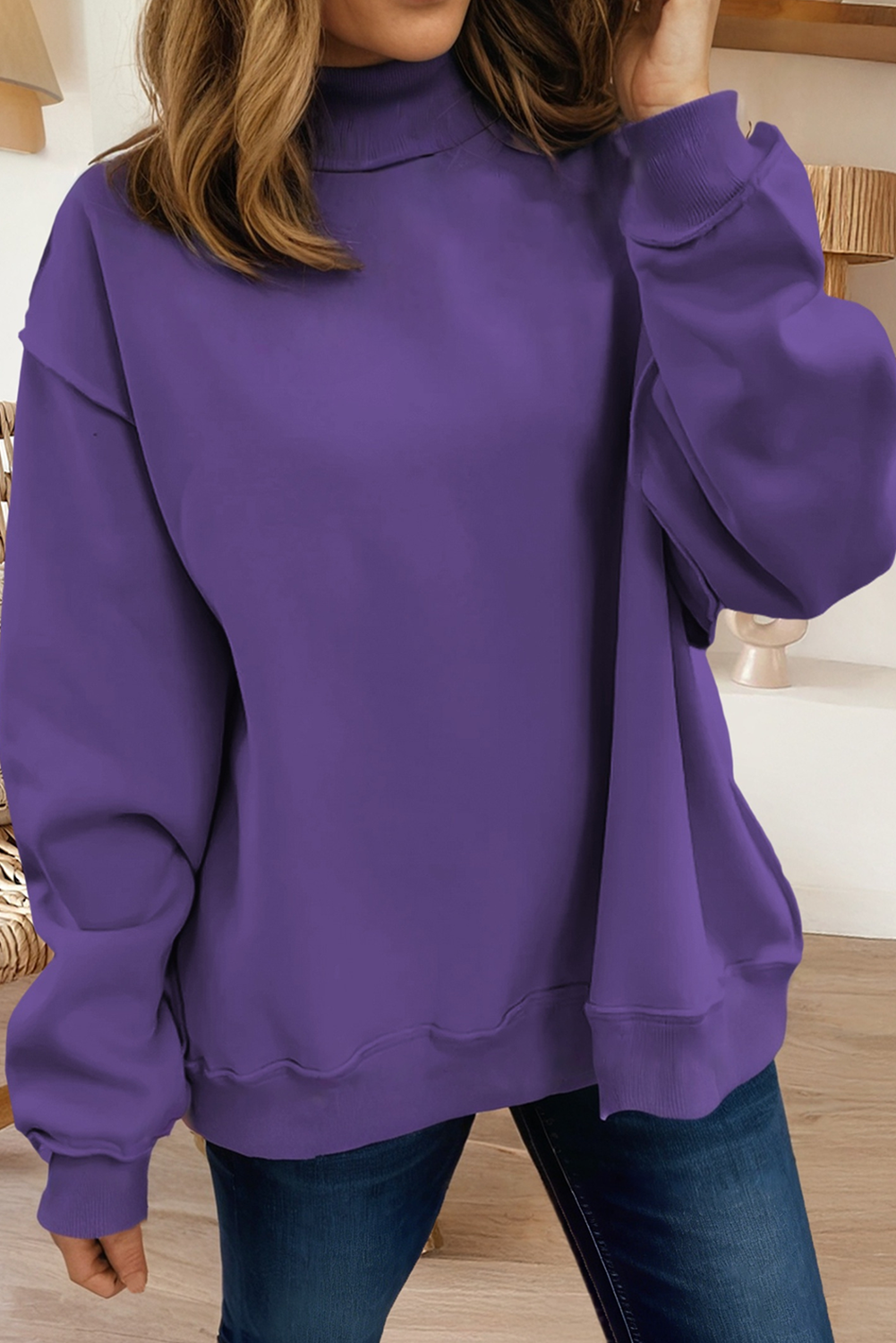 66Love Solid Oversize Reversible Mock Neck Sweatshirt (S-XL): Purple / Missy / S