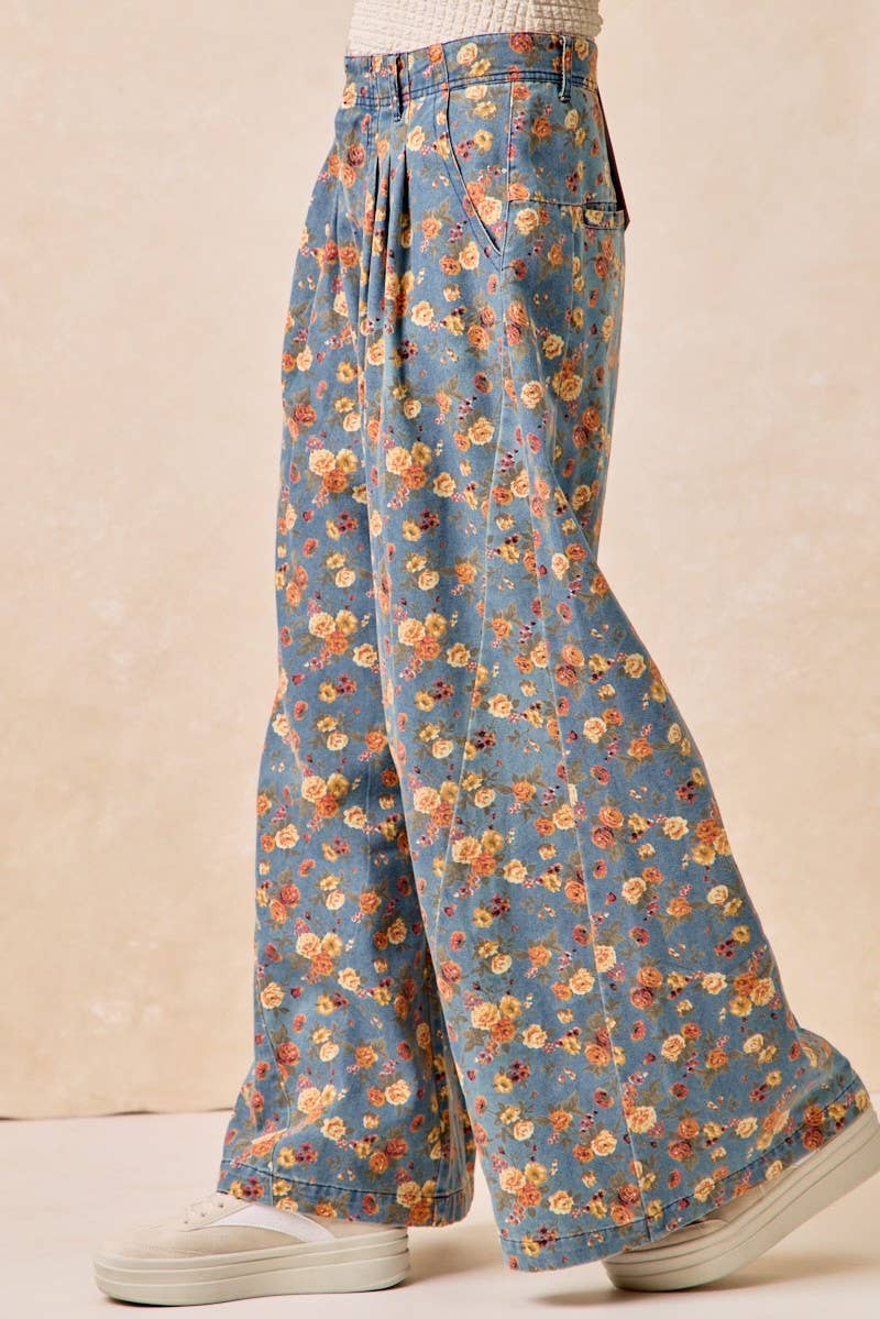 Vintage Washed Floral Printed Wide Denim Pants: DENIM / 2-2-2-2(S-M-L-XL)