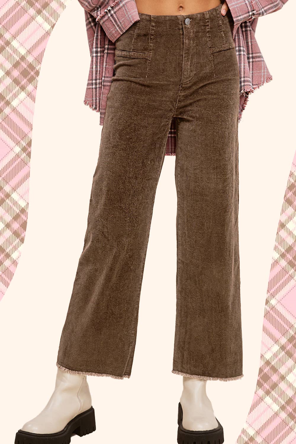 MCP4220-Mineral Washed High Waisted Wide Leg Corduroy Pants: Brown / XS