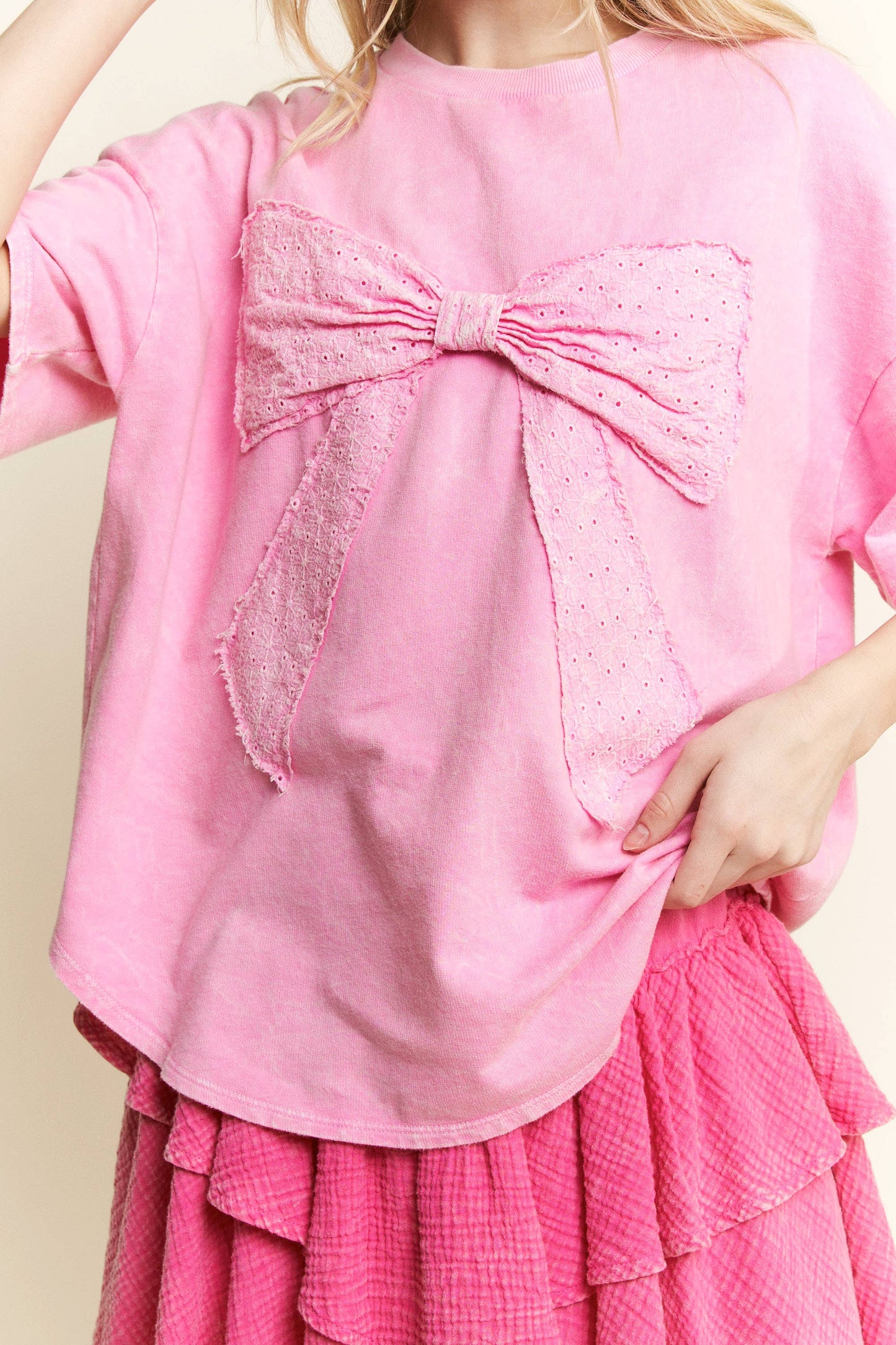 MineralWash Ribbon bow half sleeve shirt HT6308: Silver Grey / S-M-L / 2-2-2