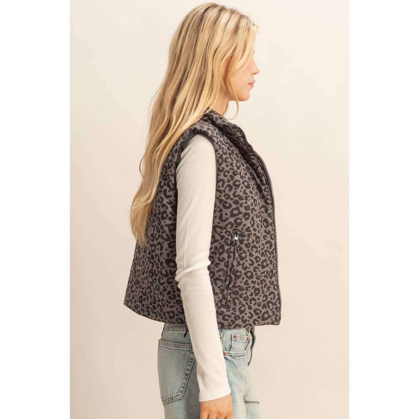 Leopard Print Puffer Vest: BLACK / S-M-L(2-2-2)