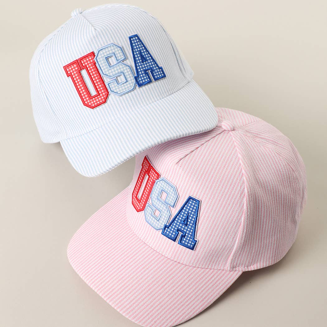 USA Embroidered Patch Varsity-Style Stripe Trucker Hat 
: BLUE