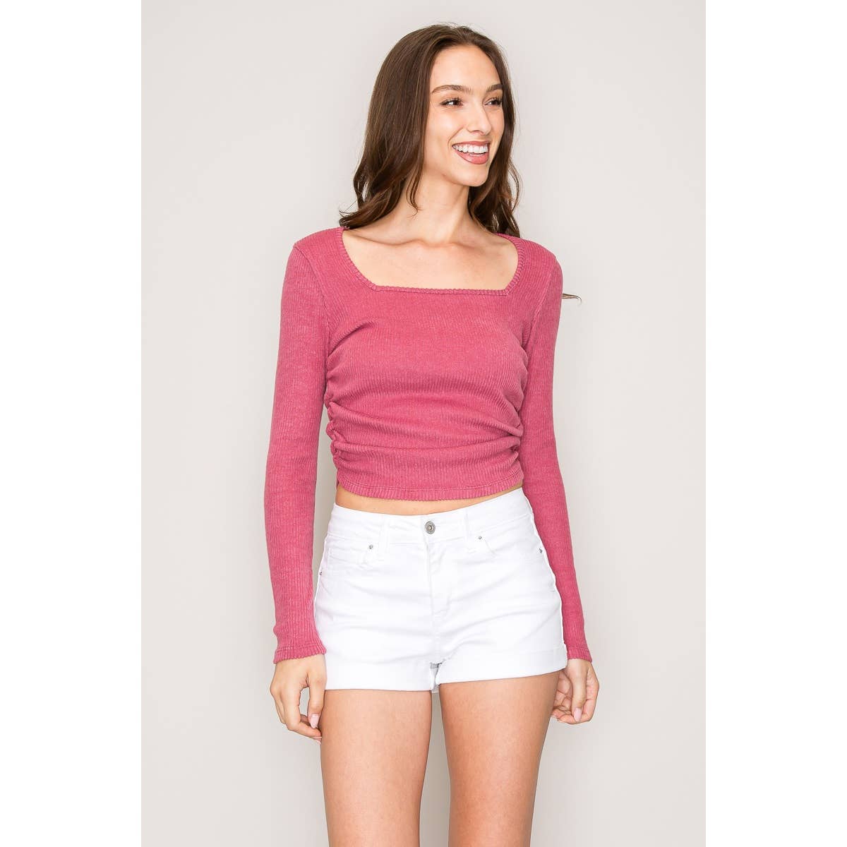 Square Neck Long Sleeve Shirring Sweater Knit Top: Mauve / S-M-L(2-2-2)