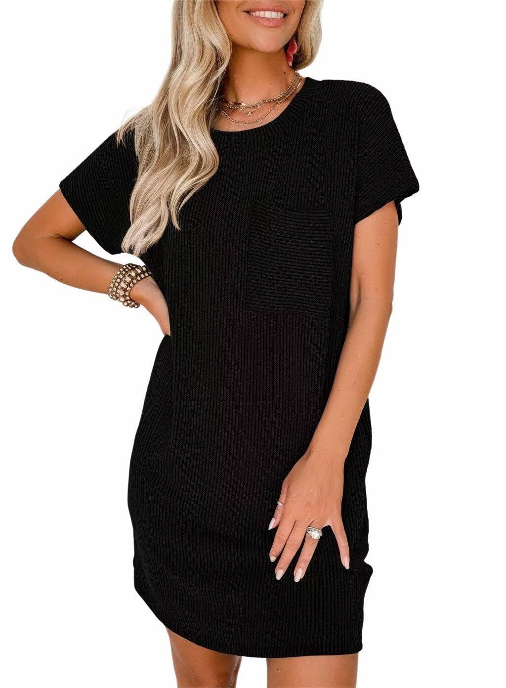 Summer Casual T-shirt Short-sleeved Dress (With Pockets): Royal blue / 65%Rayon + 35%Polyester / M