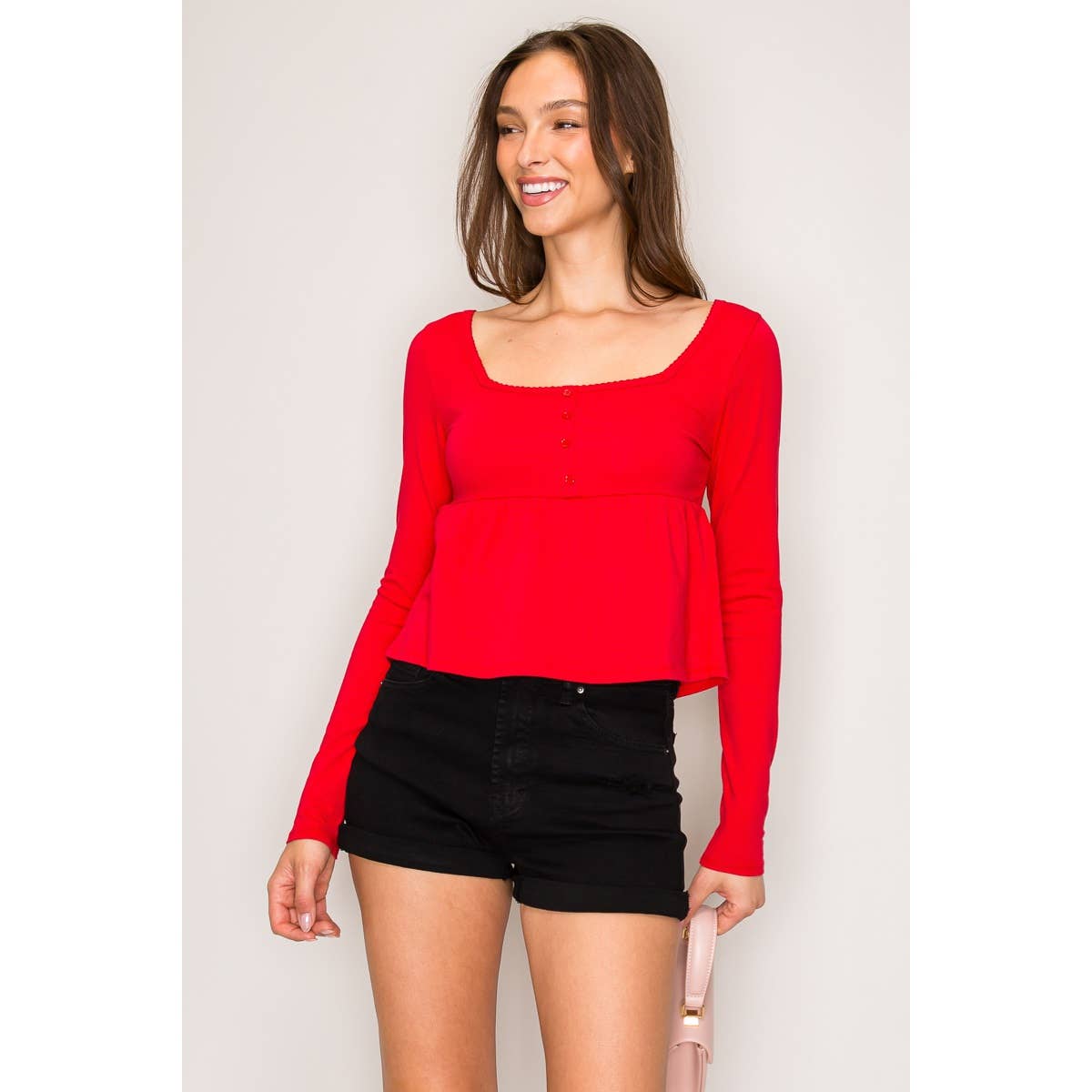 Long Sleeve Babydoll Top: Hot Fudge / S-M-L(2-2-2)