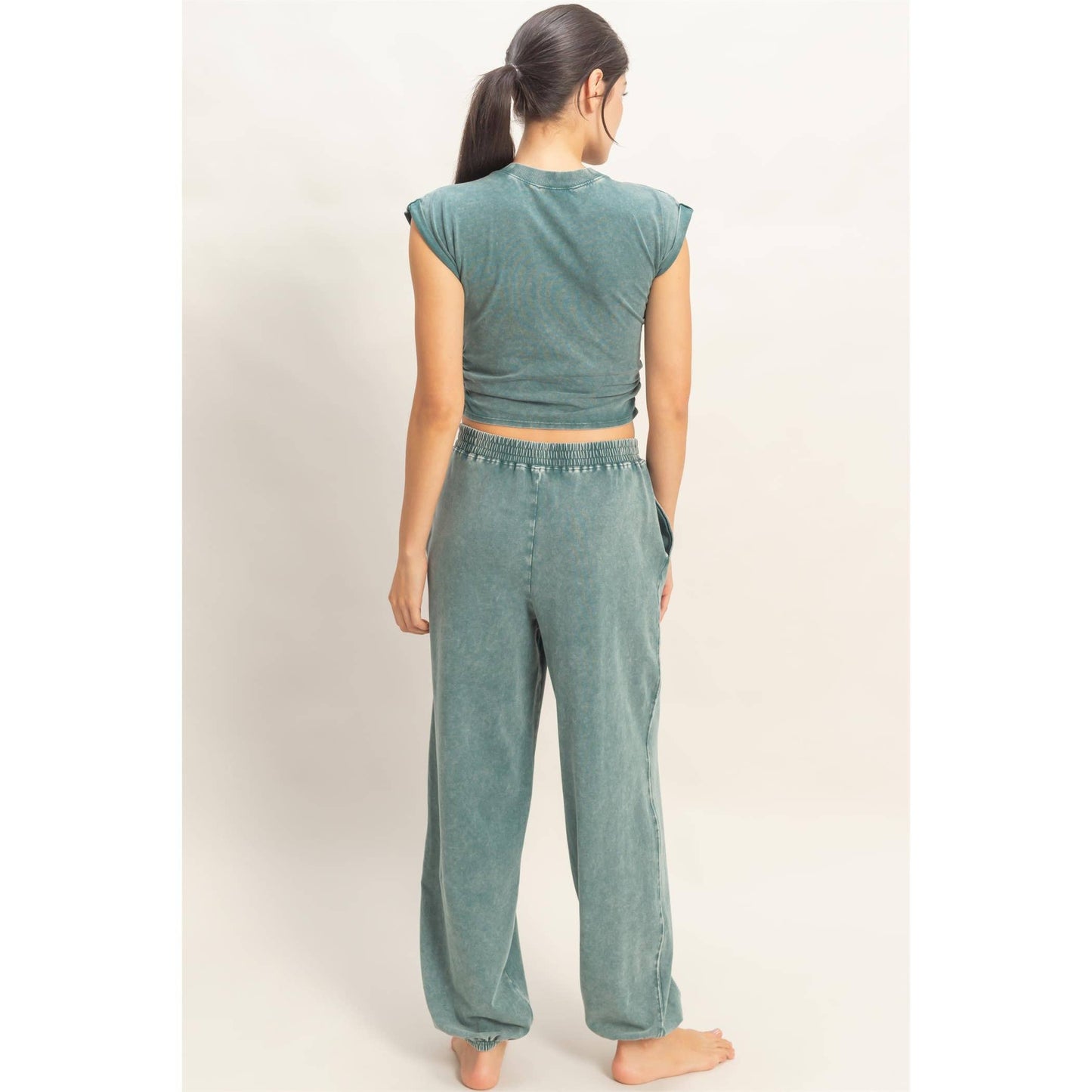 Rolled Sleeve Wrap-Front Crop Top And Jogger Set: DARK TEAL / S-M-L(2-2-2)