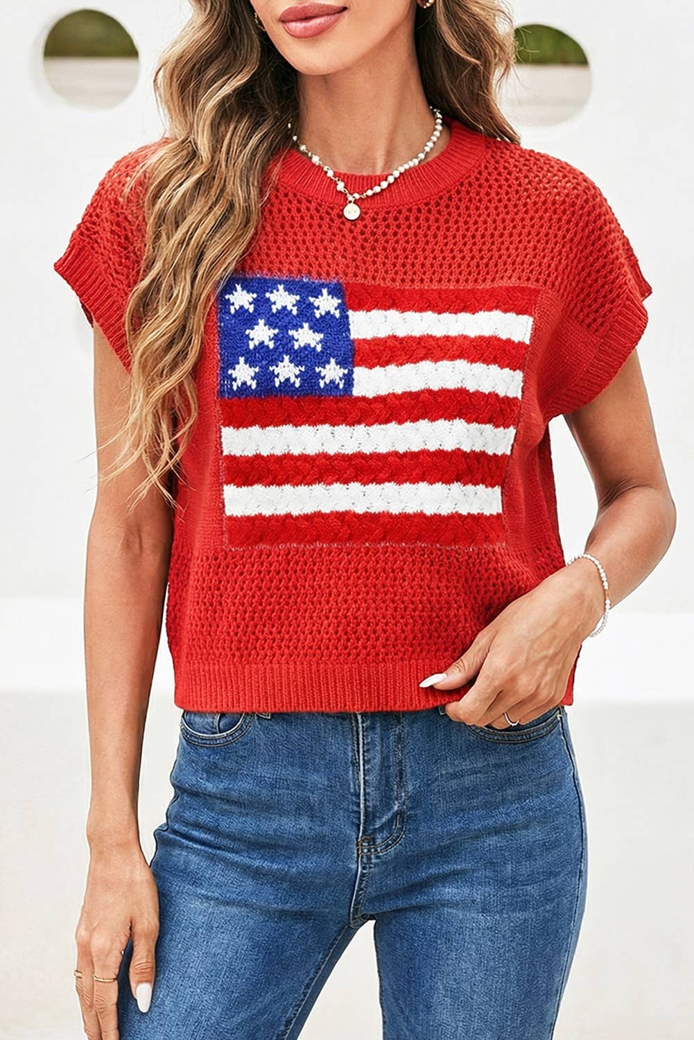 LDC Flag Graphic Short Sleeve Sweater Top: Sky Blue / XL