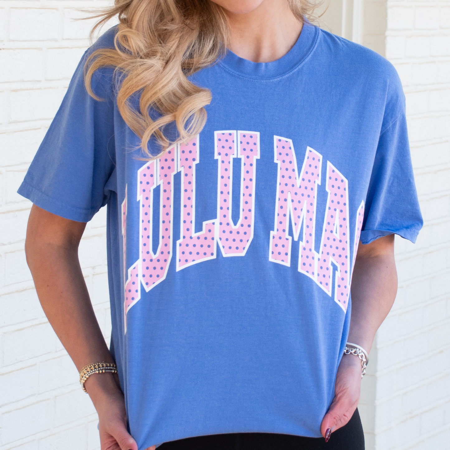 LM-PD-1001 Polka Dot Adult Flo Blue Comfort Colors Tee: Flo Blue / Medium