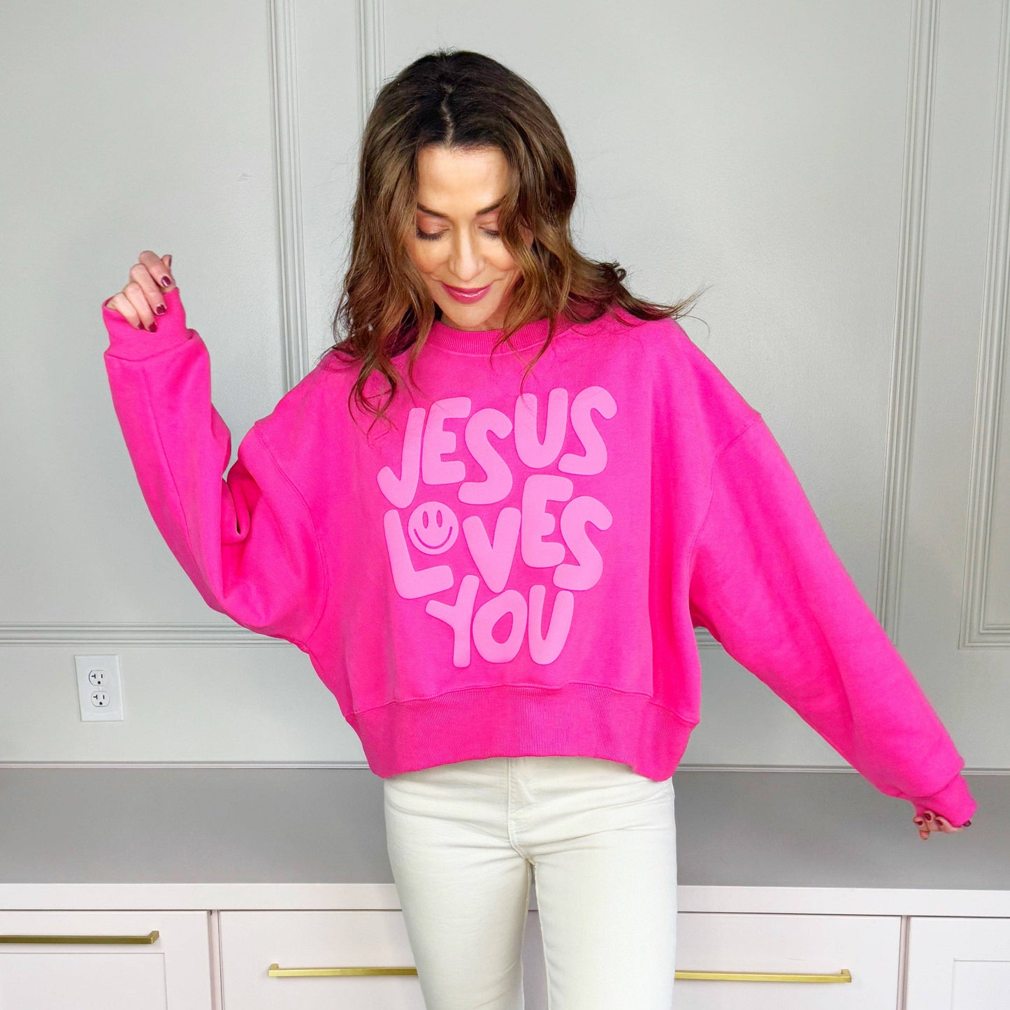 Smiley Jesus Loves You Puff Pink Crop Sweatshirt - Pre Order: S/M
