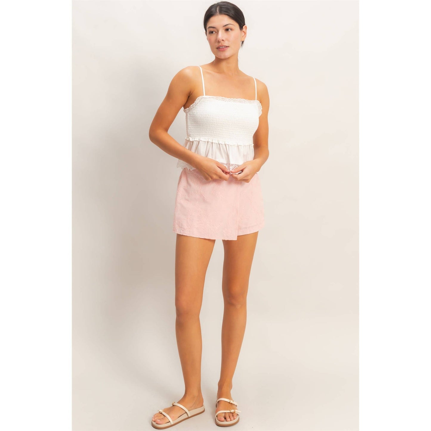 Smocked Peplum Top With Lace Trim: YELLOW / S-M-L(2-2-2)