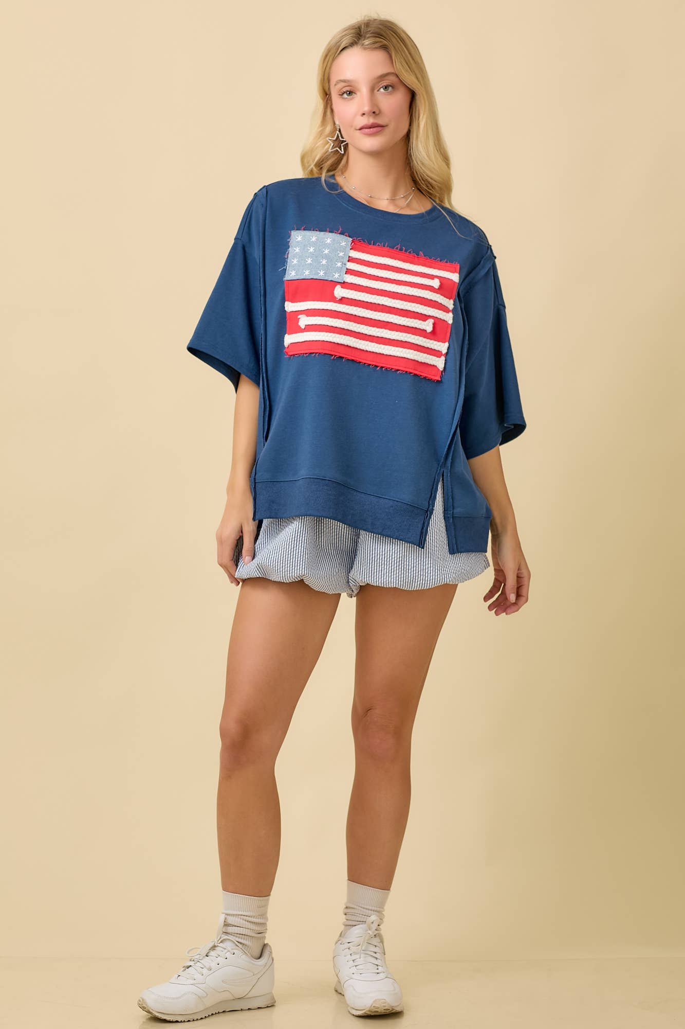 Boxy Wide Short Sleeve Top With American Flag Patchwork: DARK BLUE / S