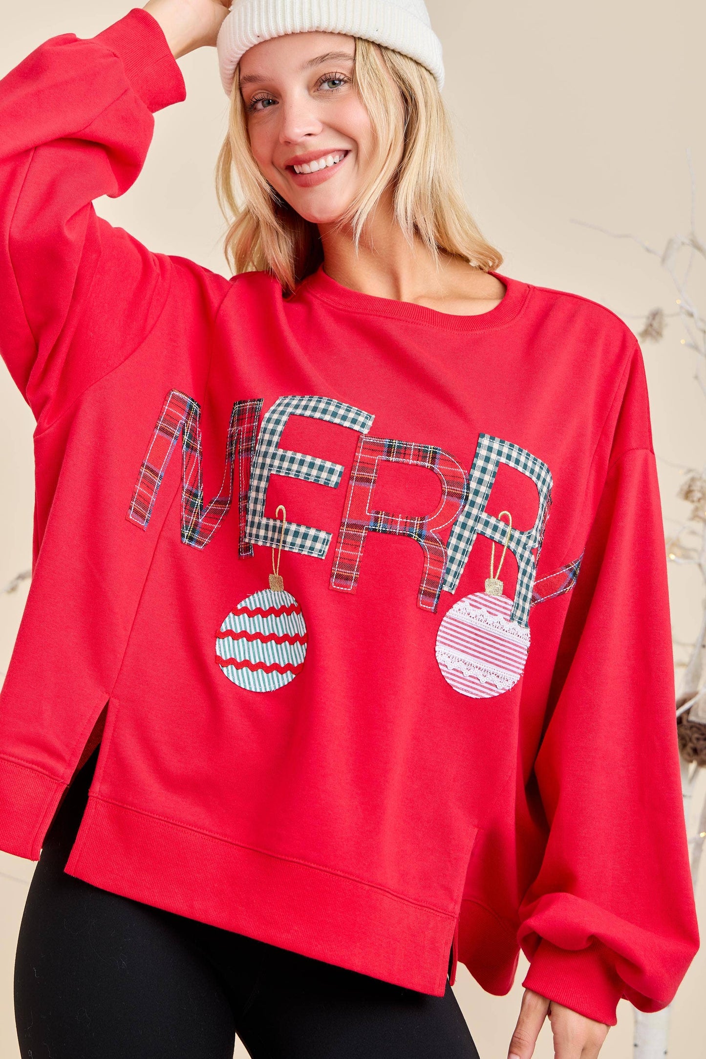 Merry With Ornament Patchwork Oversized Long Sleeve Top: HUNTER GREEN / L