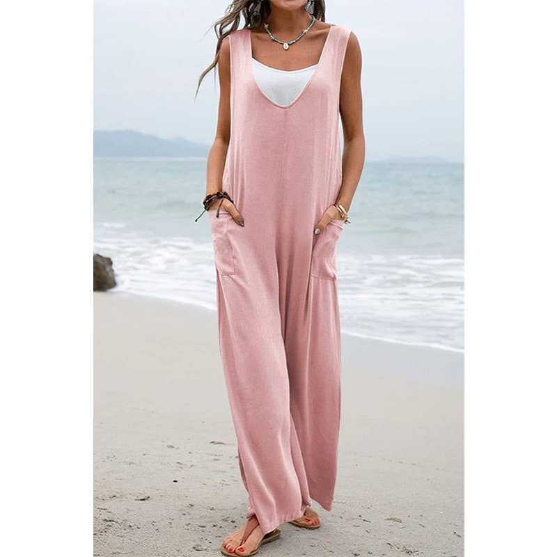 New Solid Color Pocket Fashion Jumpsuit : OLIVE GREEN / L