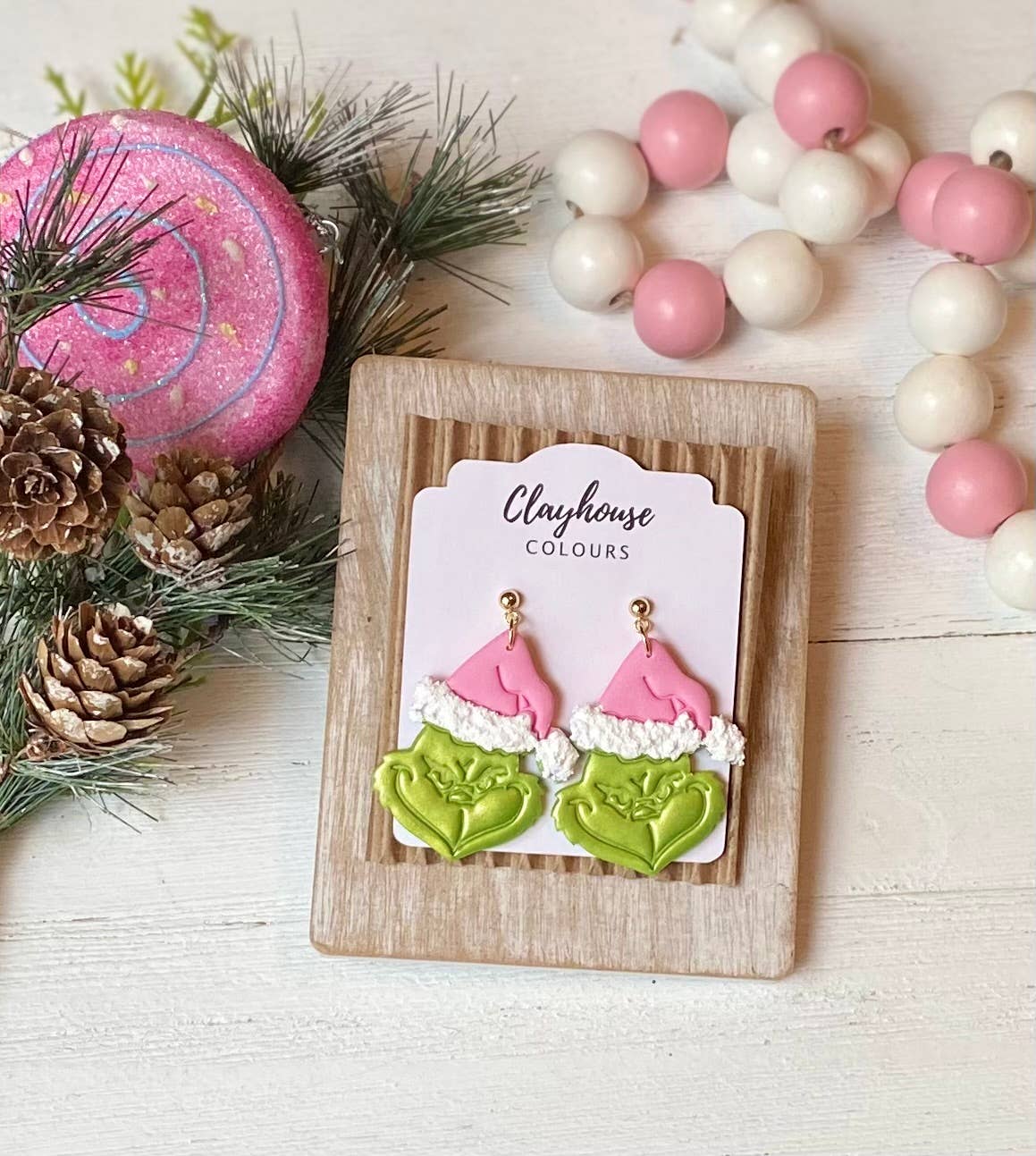 Pink Mean Green Christmas Clay Earrings: Pink