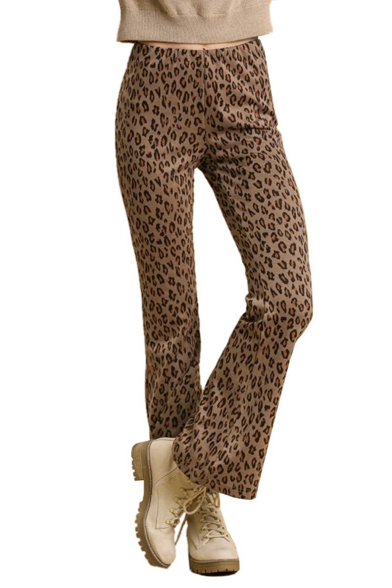 Animal Print Stretch Bell Bottom Pants With Elastic Waistban: MOCHA MIX / 2-2-2 (S-M-L)