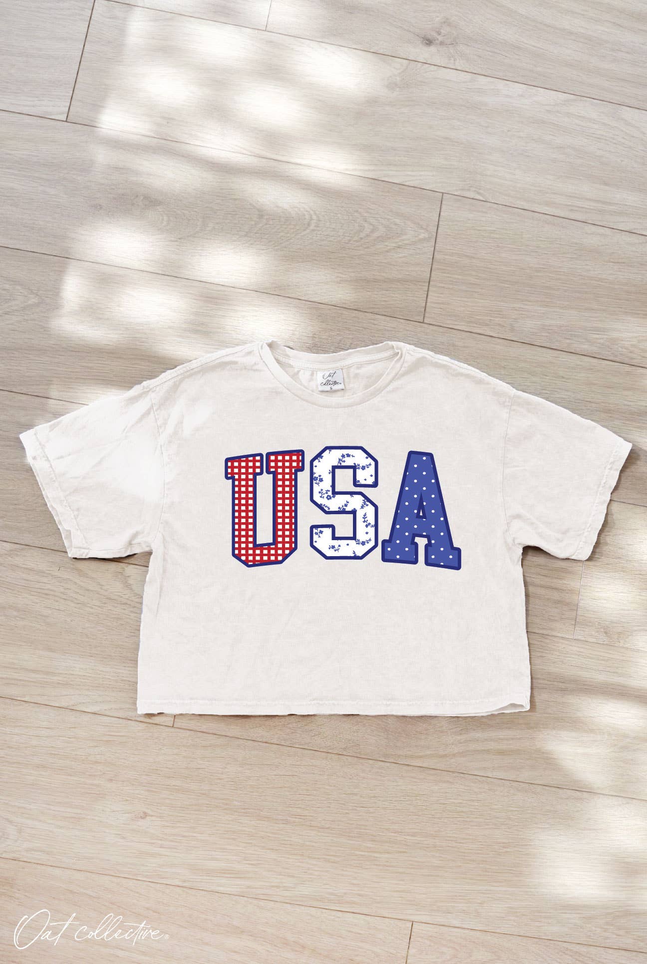 USA WITH PATTERN Cropped Mineral Graphic Top : CREAM / M