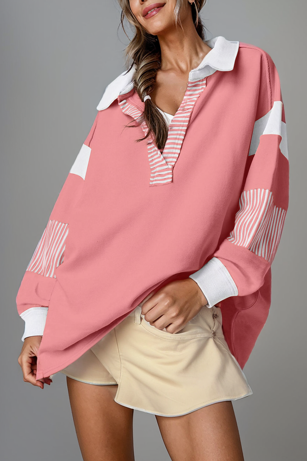 Multicolor * Colorblock Striped Collared Sweatshirt | S-2XL: Blue / Missy / XL