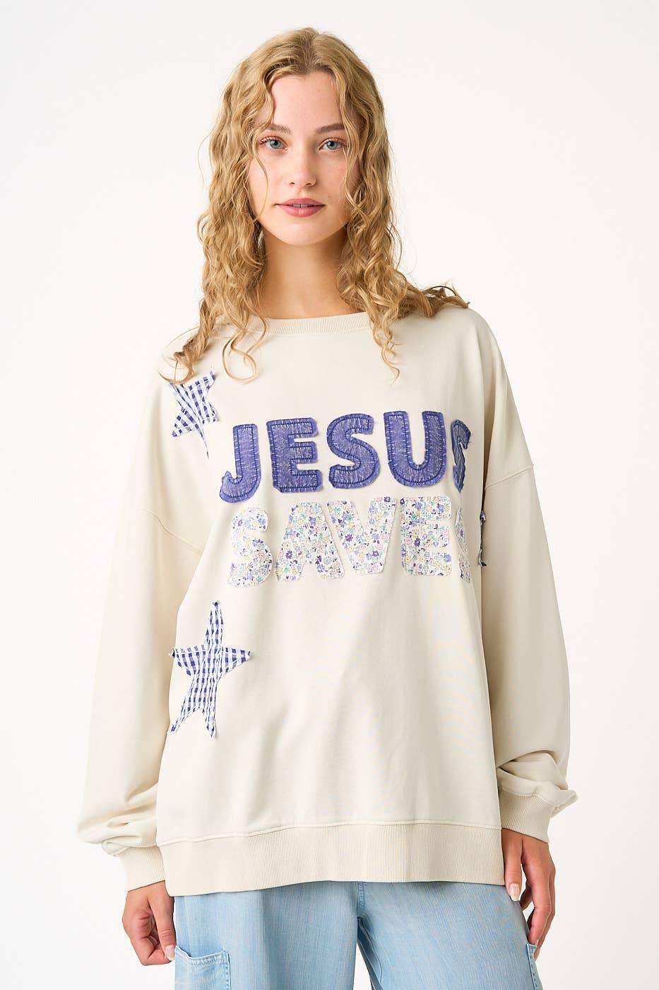 JESUS SAVES PATCHWORK CREW NECK SWEATSHIRT: ICY PINK / S-M-L(2-2-2)