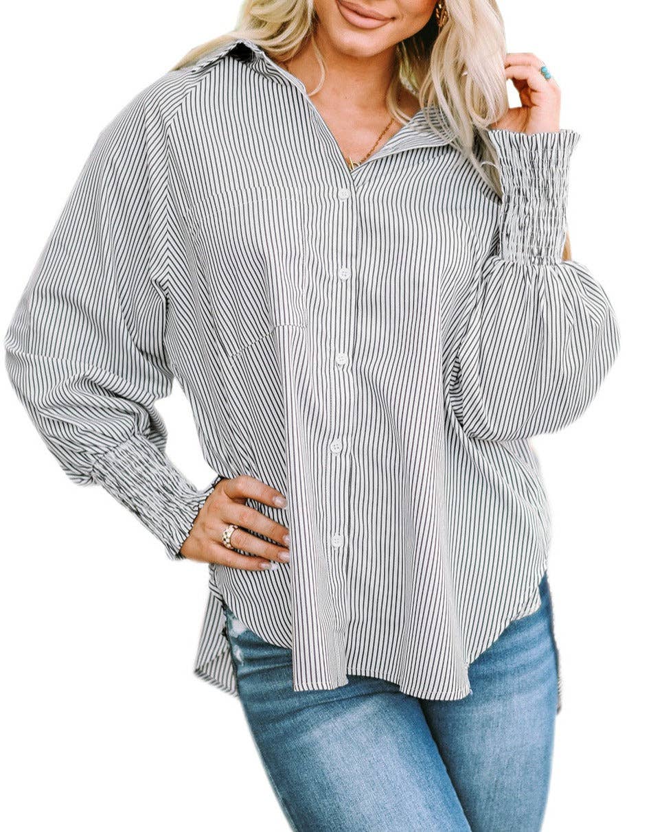Stripe Smocked Cuff Pocketed Shirt: Sky Blue / XL