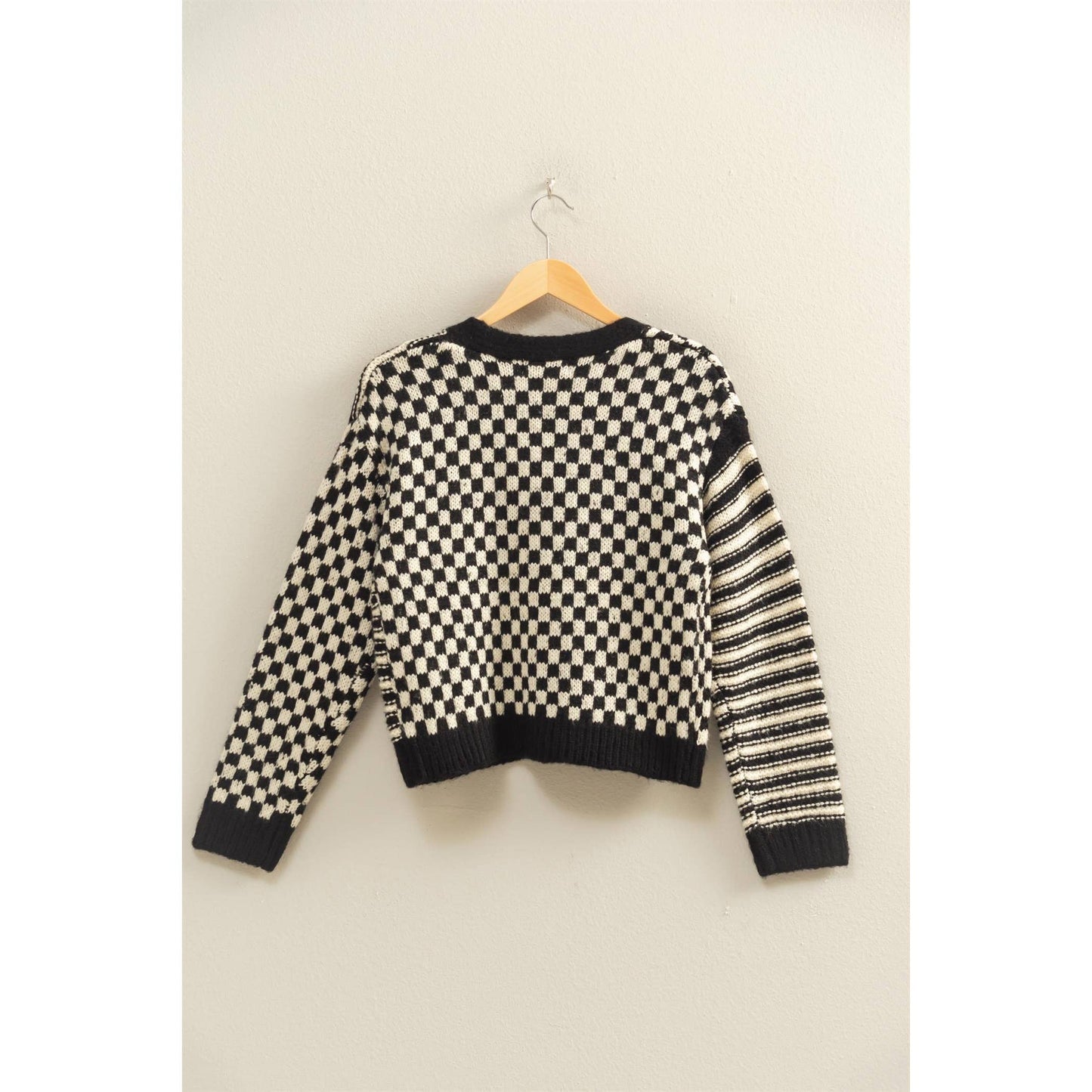 Checker And Stripe Contrast Knit Cardigan Sweater: SOFT PINK/CREAM / S-M-L(2-2-2)
