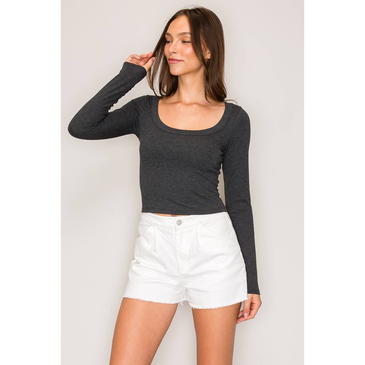 Ribbed Long Sleeve Wide Neck Top: Red / S-M-L(2-2-2)