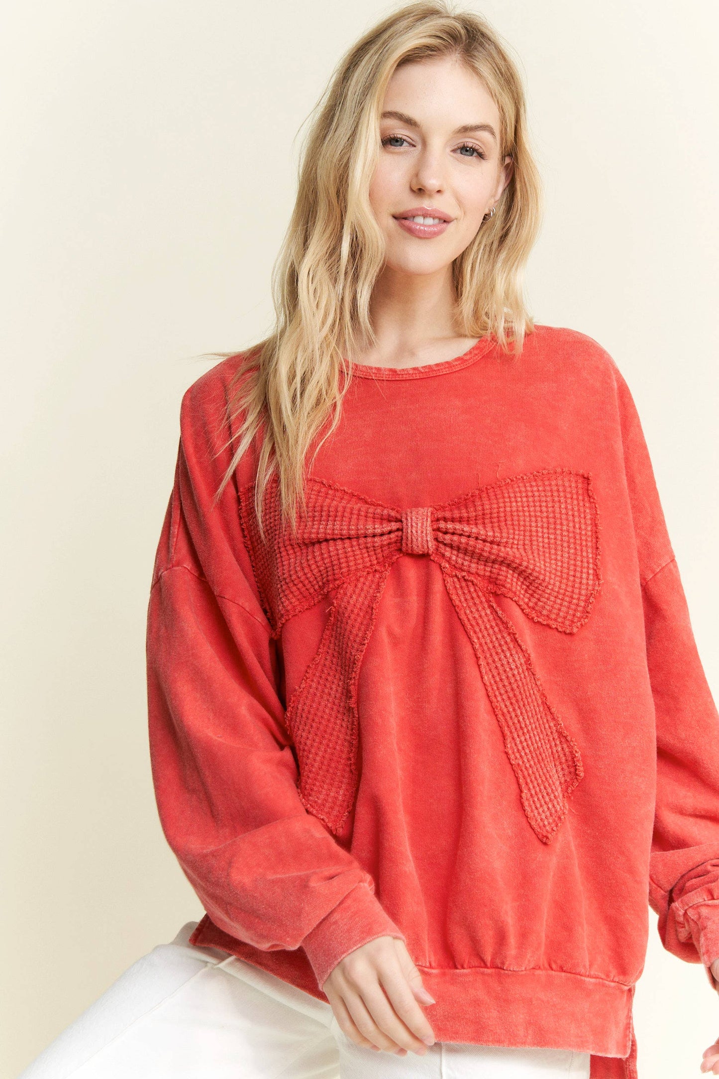 I'm a gift for you Waffle Ribbon bow terry top HT6129: Midnight Green / S-M-L / 2-2-2