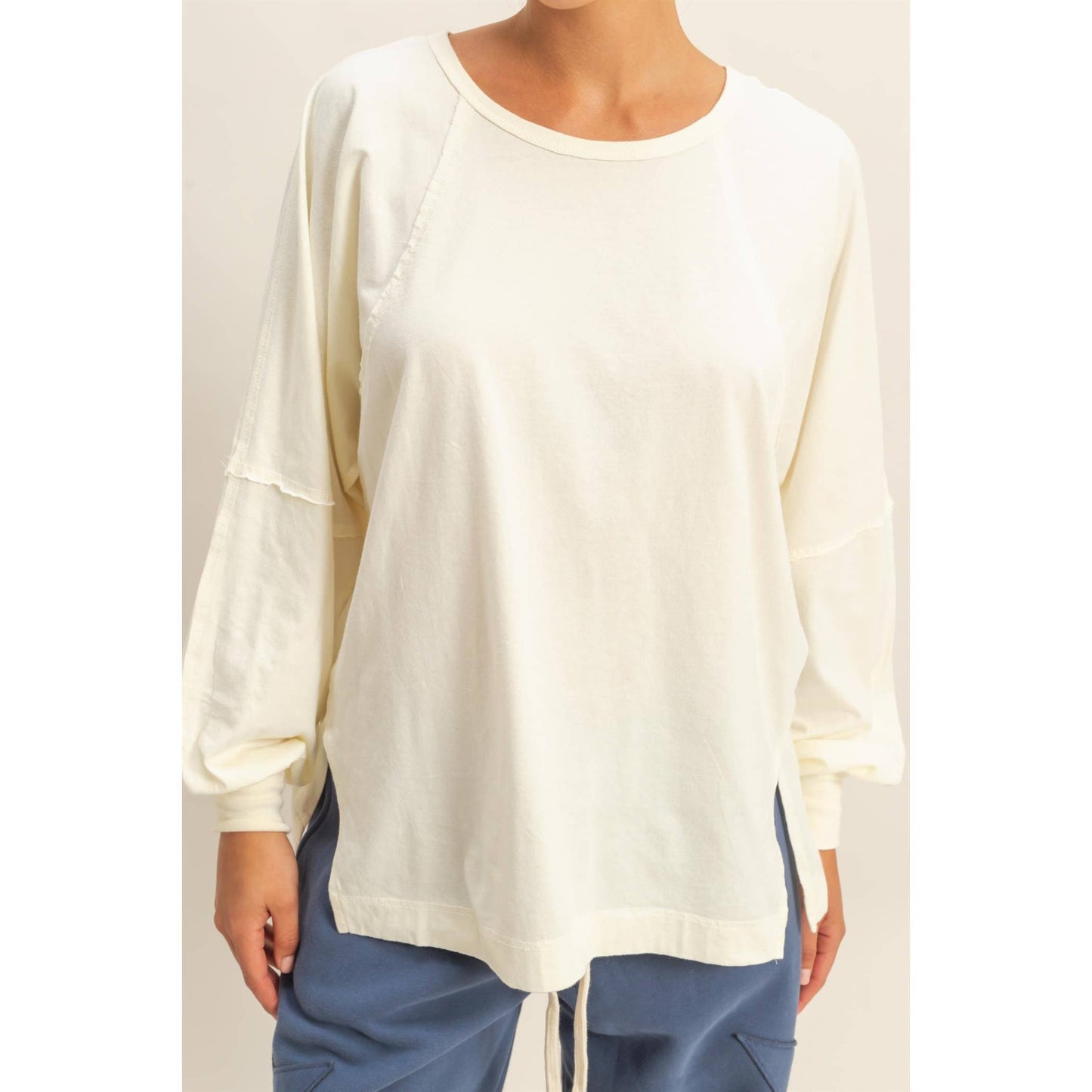 Washed Oversized Long Sleeve Top With Slit: TAFFY PINK / S-M-L(2-2-2)