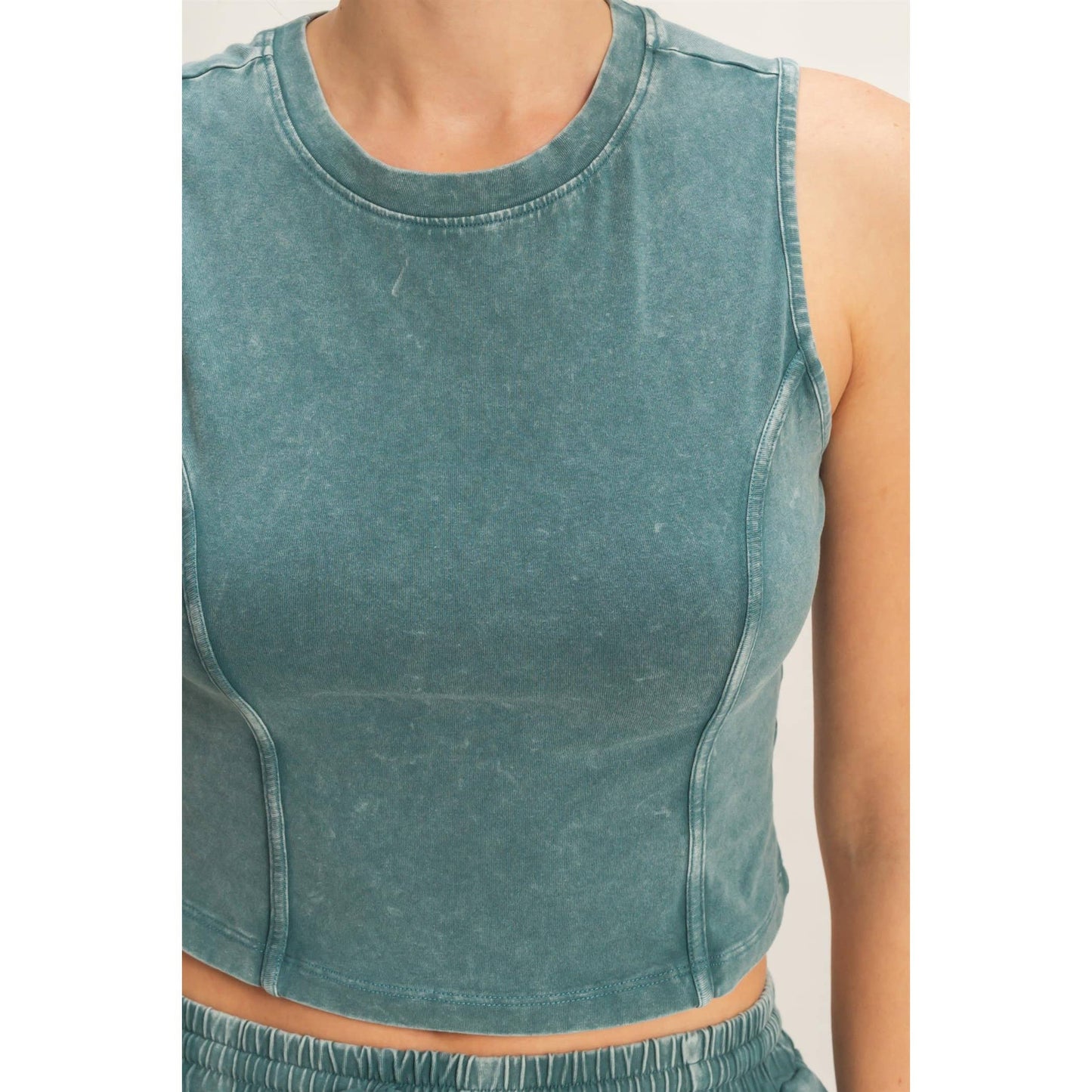 Mineral Washed Sleeveless Top & Wide Leg Pants Set: DARK TEAL / S-M-L(2-2-2)